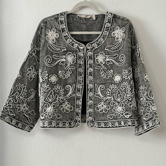 Soft Surroundings Gray Acid Wash Wildwood Bolero Floral Career Jacket Size 1X - Picture 4 of 11